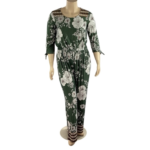 Kate & Mallory Floral Jumpsuit Elastic Waist Tie Sleeve XL - Picture 1 of 6